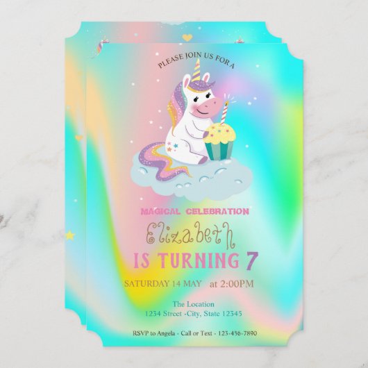 Unicorn Rainbow Holographic Magical Birthday Kaart (Voorkant / Achterkant)