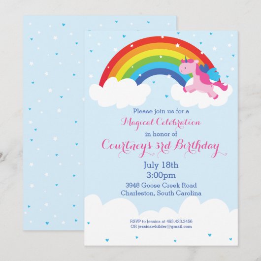 Unicorn Rainbow Invitation Kaart (Voorkant / Achterkant)