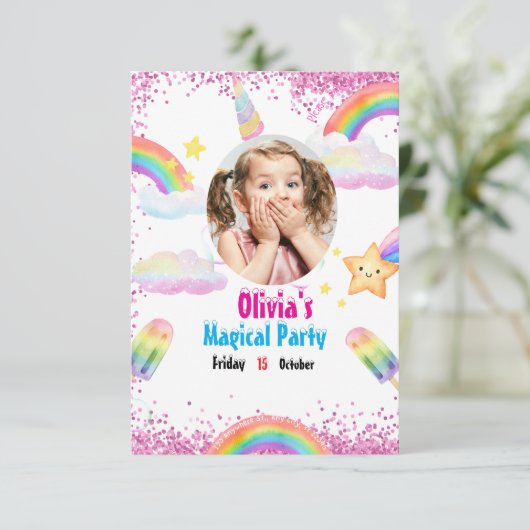 Unicorn Rainbow Invitation Kaart (Staand voorkant)