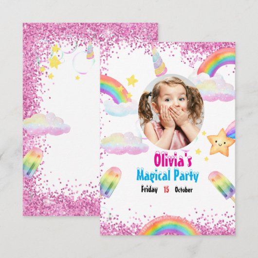 Unicorn Rainbow Invitation Kaart (Voorkant / Achterkant)