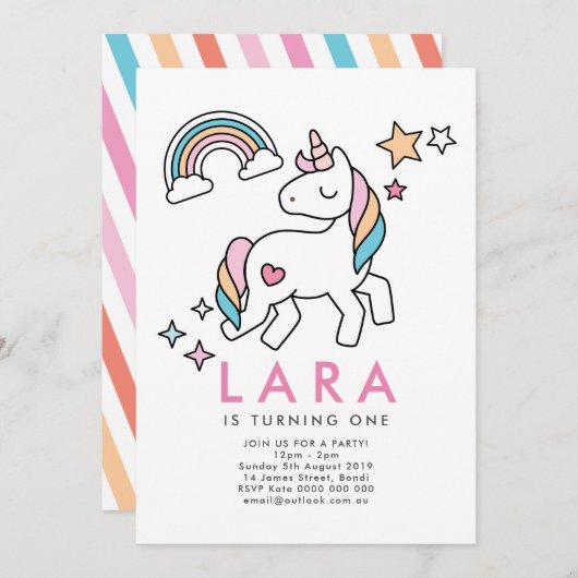 Unicorn Rainbow Invitation Kaart (Voorkant / Achterkant)