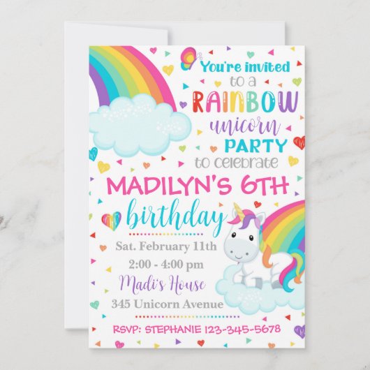 Unicorn Rainbow Invitation | Unicorn Birthday Kaart (Voorkant)