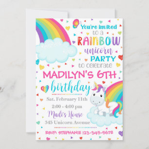 Unicorn Rainbow Invitation   Unicorn Birthday Kaart