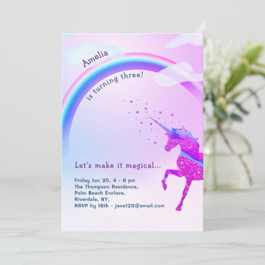 Unicorn Rainbow Iridescent Glitter Stars Magisch Kaart (Staand voorkant)