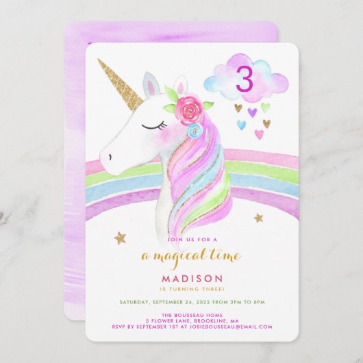 Unicorn Rainbow Magical Birthday Invitation Kaart (Voorkant / Achterkant)