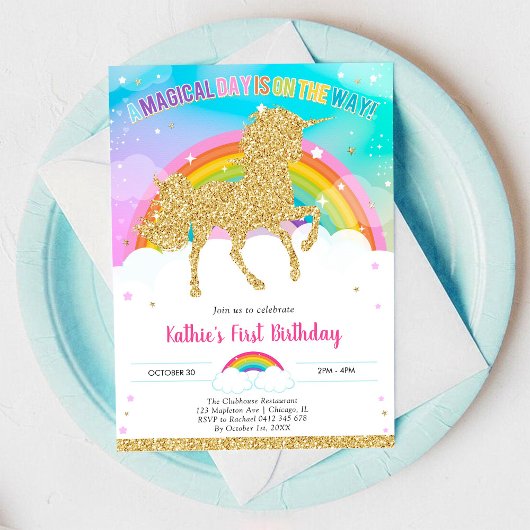 Unicorn Rainbow Magical Day Birthday Invitation Kaart
