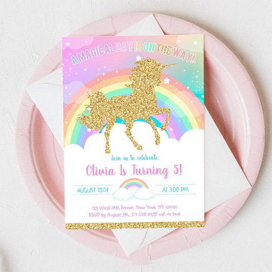 Unicorn Rainbow Magical Day Birthday Invitation Kaart