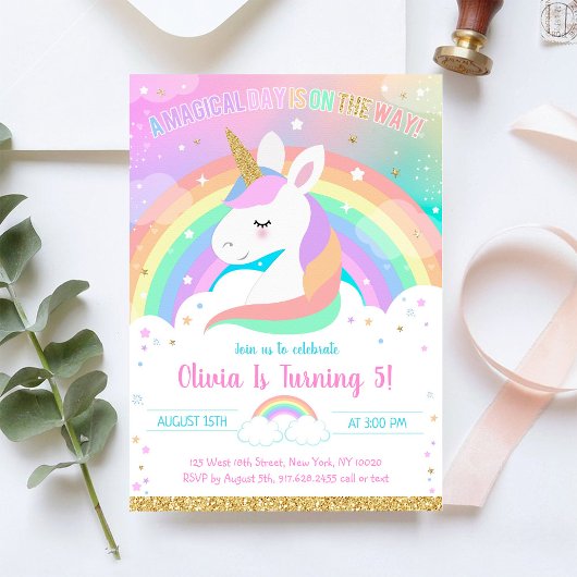 Unicorn Rainbow Magical Day Birthday Invitation Kaart