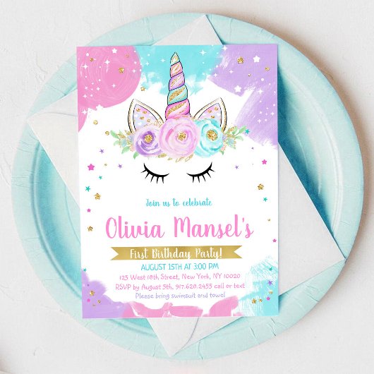 Unicorn Rainbow Magical Day Birthday Invitation Kaart