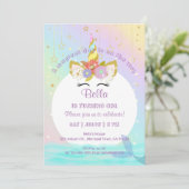 Unicorn Rainbow Mermaid First Birthday Invitation Kaart (Staand voorkant)