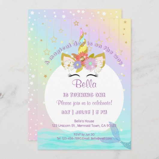 Unicorn Rainbow Mermaid First Birthday Invitation Kaart (Voorkant / Achterkant)