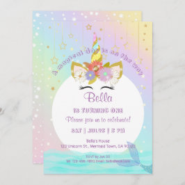 Unicorn Rainbow Mermaid First Birthday Invitation Kaart