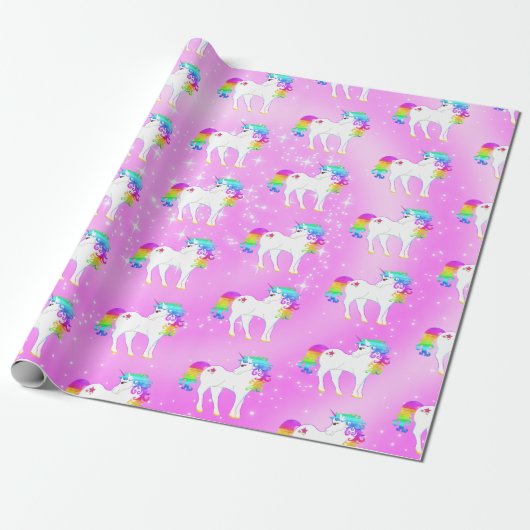 Unicorn Rainbow Paars Cute Cadeaupapier (Uitgerold)