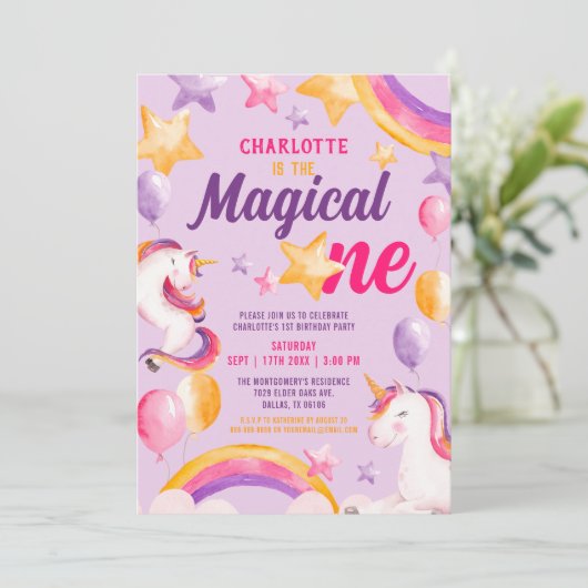 Unicorn Rainbow Paars Magical One 1st Birthday Kaart (Staand voorkant)