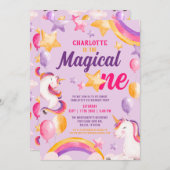 Unicorn Rainbow Paars Magical One 1st Birthday Kaart (Voorkant / Achterkant)