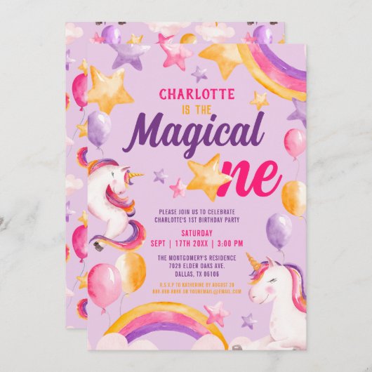 Unicorn Rainbow Paars Magical One 1st Birthday Kaart (Voorkant / Achterkant)