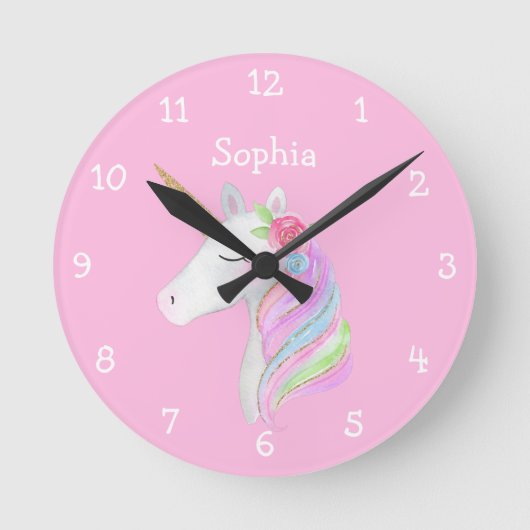 Unicorn Rainbow Personalized Girl Name Pastel Ronde Klok (Voorkant)