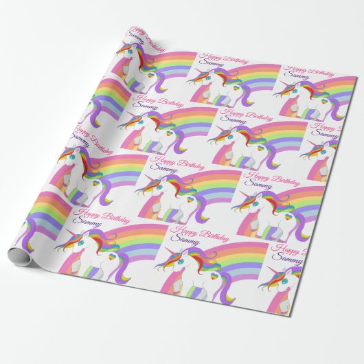 Unicorn Rainbow Persoonlijke naam Kleine Meisjes Cadeaupapier (Uitgerold)