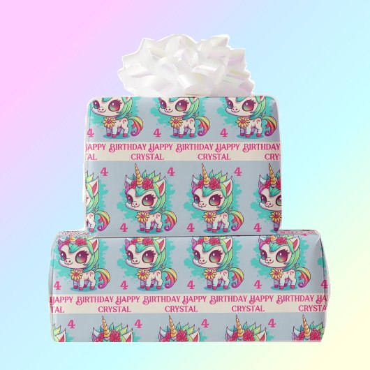 Unicorn Rainbow Persoonlijke naam & Leeftijd-meisj Cadeaupapier