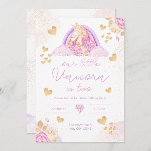 Unicorn Rainbow Pink Birthday Uitnodiging voor mei (Voorkant / Achterkant)