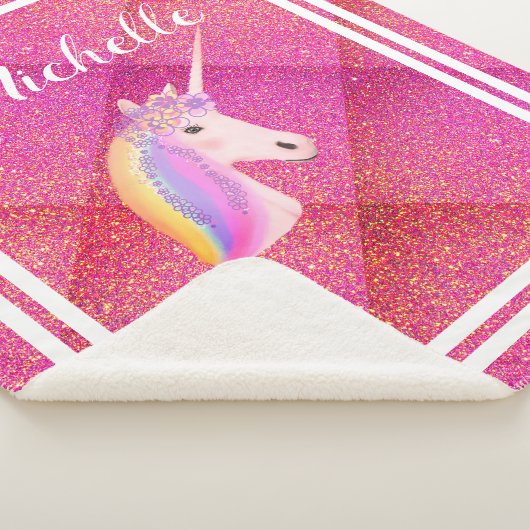 Unicorn Rainbow Pink Glitter Persoonlijk Kind Sherpa Deken (3/4)
