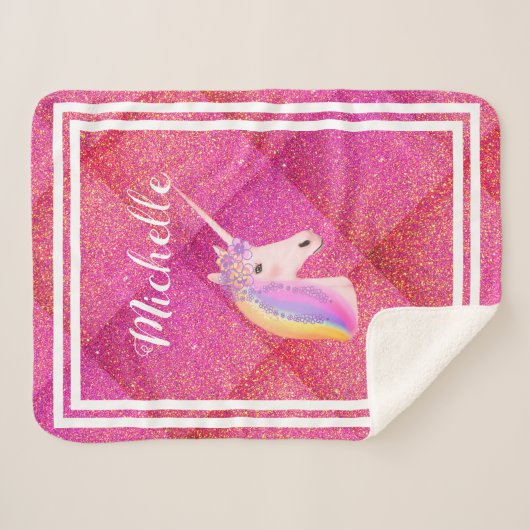 Unicorn Rainbow Pink Glitter Persoonlijk Kind Sherpa Deken (Voorkant (horizontaal))