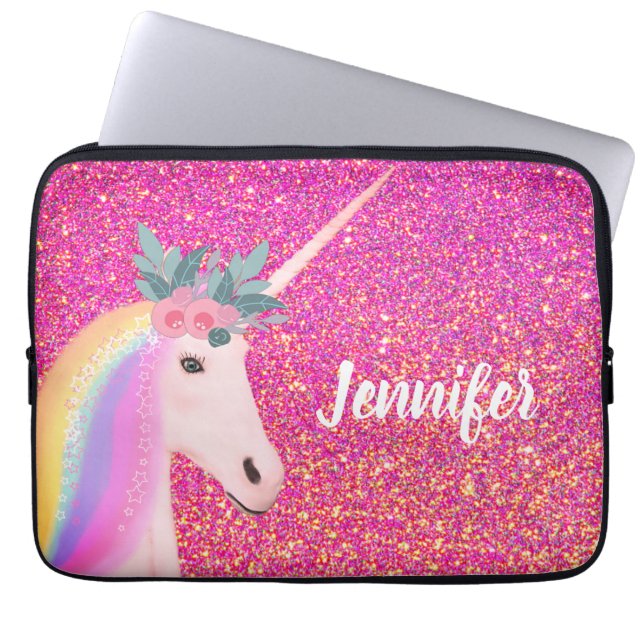 Unicorn Rainbow Pink Glitter Sparkle Fantasy Laptop Sleeve (Voorkant)