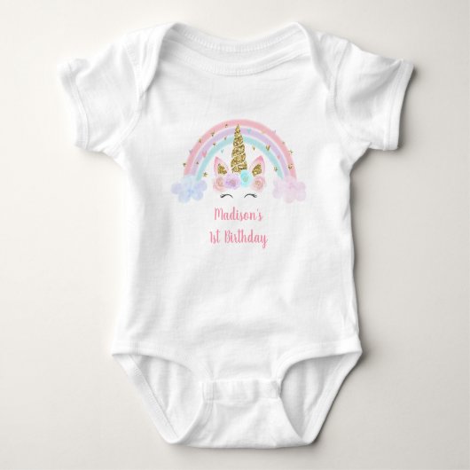 Unicorn Rainbow Pink Gold 1e verjaardag Romper (Voorkant)