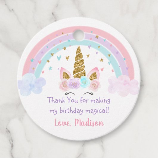 Unicorn Rainbow Pink Gold Birthday Bedankjes Labels (Voorkant)
