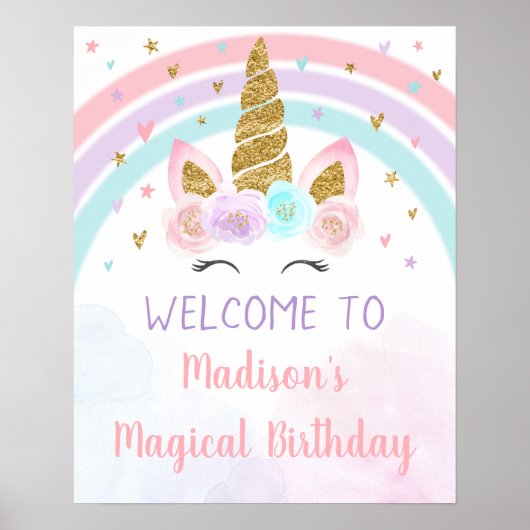 Unicorn Rainbow Pink Gold Birthday Poster (Voorkant)