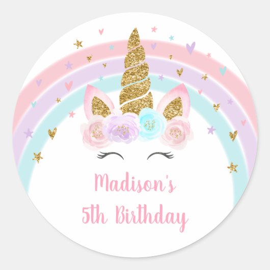 Unicorn Rainbow Pink Gold Birthday Ronde Sticker (Voorkant)