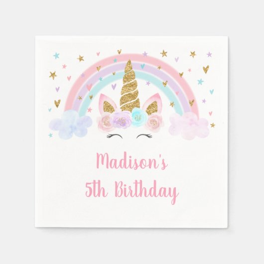 Unicorn Rainbow Pink Gold Birthday Servet (Voorkant)