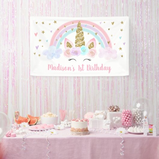 Unicorn Rainbow Pink Gold Birthday Spandoek (Feest)