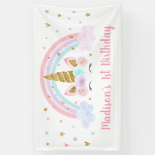 Unicorn Rainbow Pink Gold Birthday Spandoek (Verticaal)