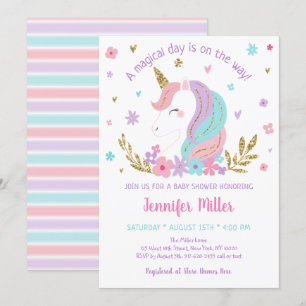 Unicorn Rainbow Pink Gold Floral Baby shower Kaart