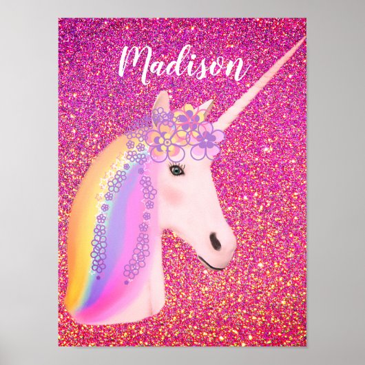 Unicorn Rainbow Pink Gold Glitter Sparkle Girls Poster (Voorkant)