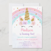 Unicorn Rainbow Pink Gold Pastel Birthday Kaart (Voorkant)