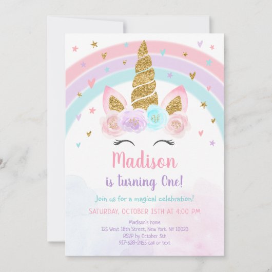 Unicorn Rainbow Pink Gold Pastel Birthday Kaart (Voorkant)