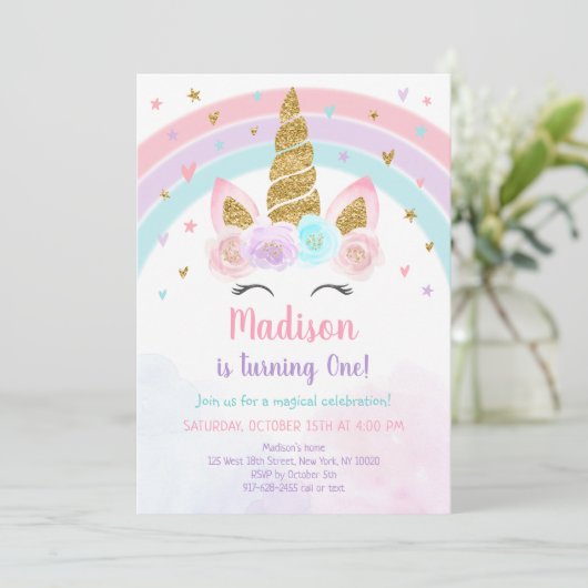 Unicorn Rainbow Pink Gold Pastel Birthday Kaart (Staand voorkant)