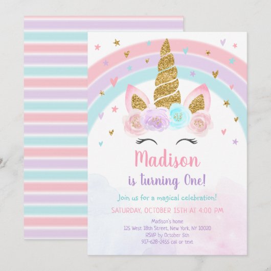Unicorn Rainbow Pink Gold Pastel Birthday Kaart (Voorkant / Achterkant)