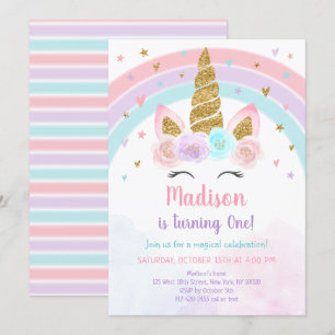 Unicorn Rainbow Pink Gold Pastel Birthday Kaart