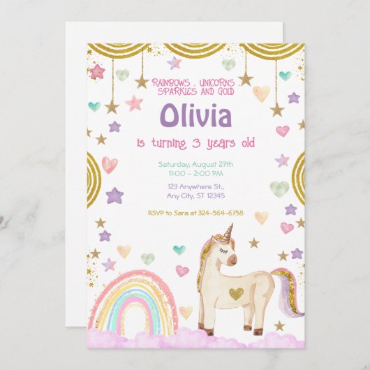 Unicorn Rainbow Pink Gold Sparthday Kaart (Voorkant / Achterkant)