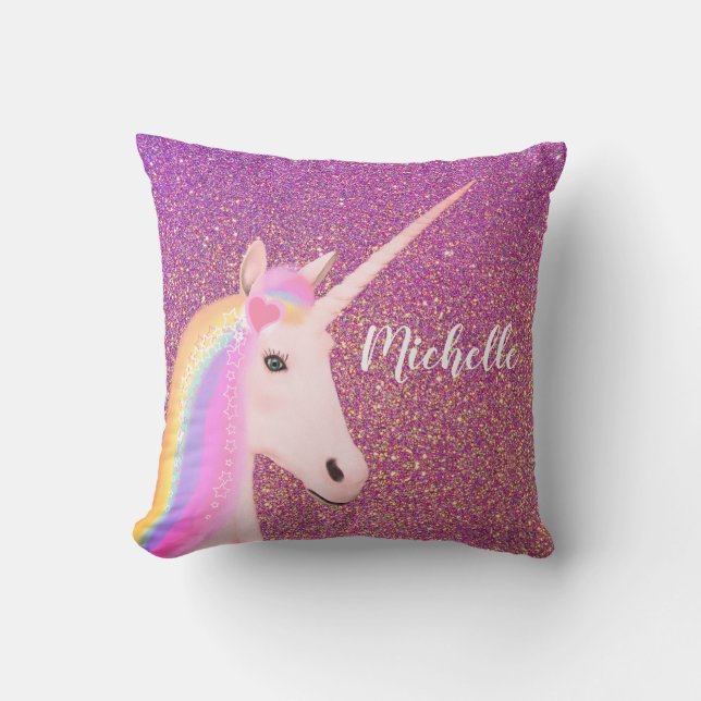 Unicorn Rainbow Pink Ombre Glitter Gepersonaliseer Kussen (Voorkant)