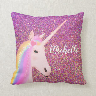 Unicorn Rainbow Pink Ombre Glitter Gepersonaliseer Kussen