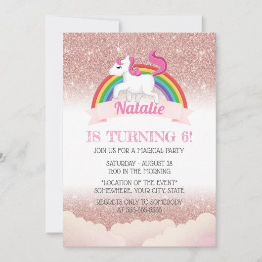 Unicorn & Rainbow Roos Gold Magical Birthday Party Kaart (Voorkant)