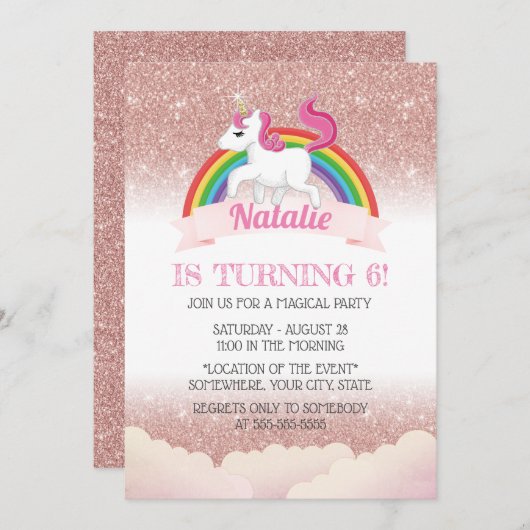 Unicorn & Rainbow Roos Gold Magical Birthday Party Kaart (Voorkant / Achterkant)