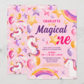 Unicorn Rainbow roze Magical One 1st Birthday Kaart (Voorkant / Achterkant)