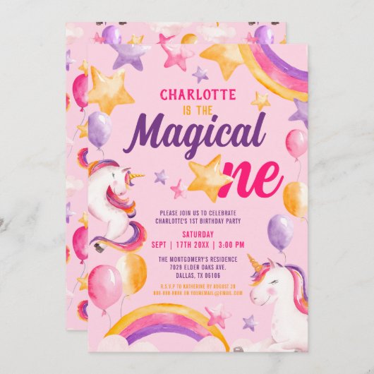 Unicorn Rainbow roze Magical One 1st Birthday Kaart (Voorkant / Achterkant)