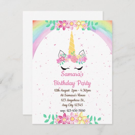 Unicorn Rainbow, Sparkles Birthday Uitnodiging (Voorkant / Achterkant)