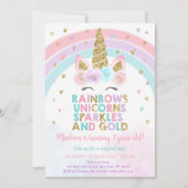 Unicorn Rainbow Sparkles Gold Birthday Kaart (Voorkant)